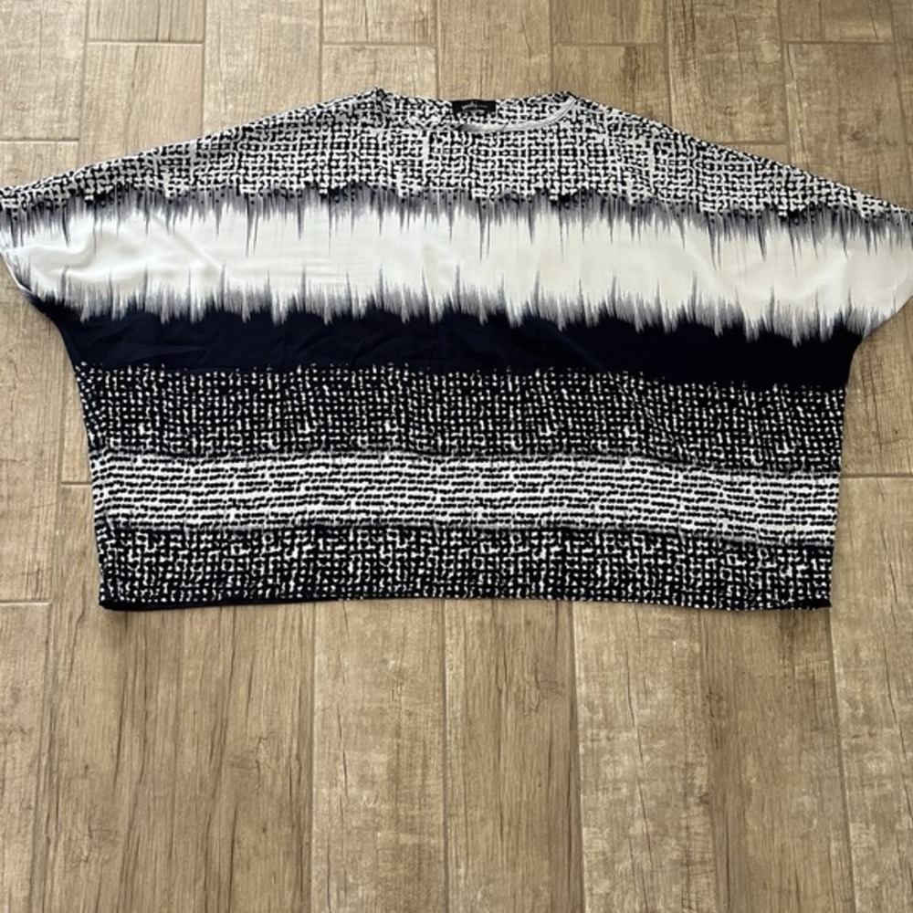 Yushi Womens Black White Abstract Geometric Print Boxy Dolman Sleeve Blouse Top